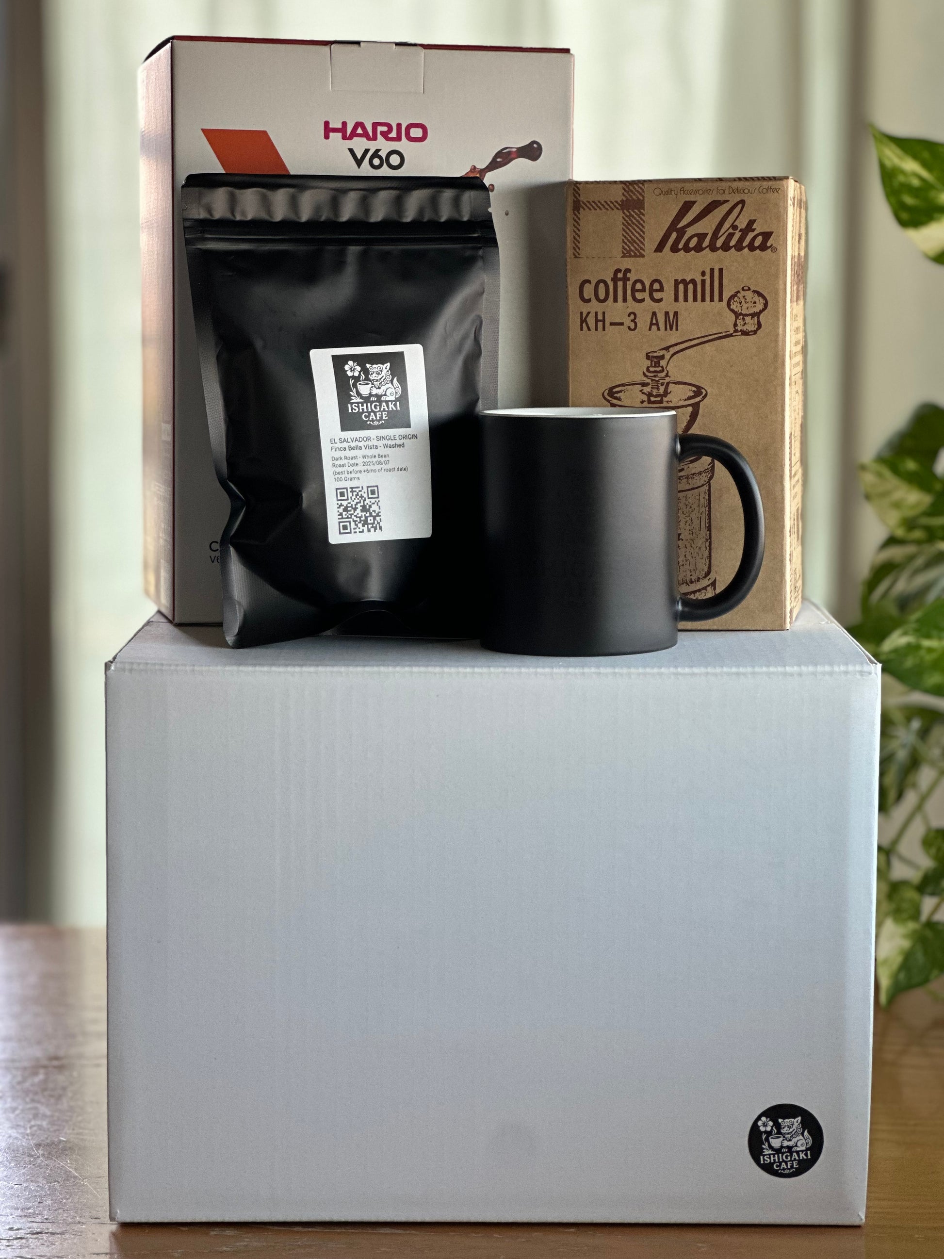 V60 Starter Gift Box – Hario V60, Kalita Grinder, IshigakiCafe Original Black Mug & Coffee Set